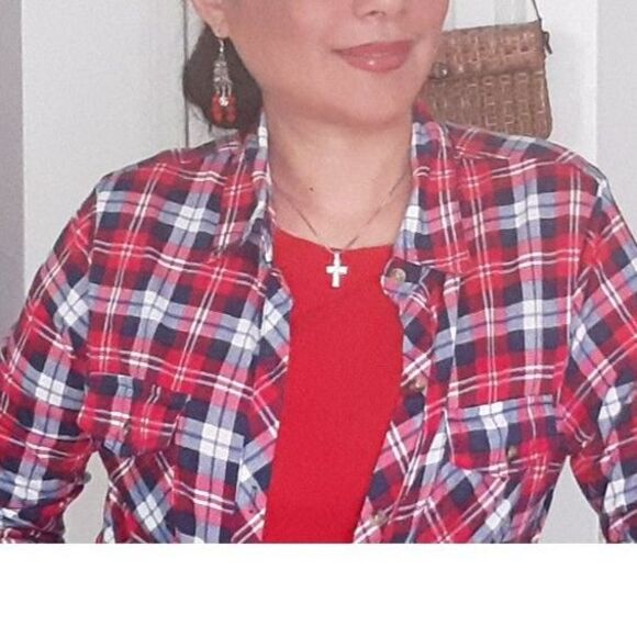 Passport Plaid Red Blue Roll Tab Sleeves Button Shirt Medium - Picture 2 of 7